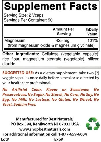 Best Naturals Magnesium 425 mg 180 Veggie Capsules - High Absorption Magnesium Glycinate & Magnesium Oxide Chelated, Non-GMO, Gluten Free Muscle Relax (180 Count (Pack of 1)) in Saudi Arabia