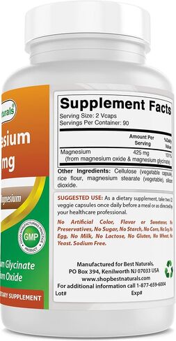 Best Naturals Magnesium 425 mg 180 Veggie Capsules - High Absorption Magnesium Glycinate & Magnesium Oxide Chelated, Non-GMO, Gluten Free Muscle Relax (180 Count (Pack of 1)) in Saudi Arabia