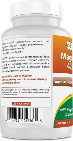 Best Naturals Magnesium 425 mg 180 Veggie Capsules - High Absorption Magnesium Glycinate & Magnesium Oxide Chelated, Non-GMO, Gluten Free Muscle Relax (180 Count (Pack of 1)) in Saudi Arabia