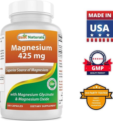 Best Naturals Magnesium 425 mg 180 Veggie Capsules - High Absorption Magnesium Glycinate & Magnesium Oxide Chelated, Non-GMO, Gluten Free Muscle Relax (180 Count (Pack of 1)) in Saudi Arabia