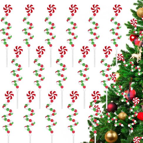 16 PCS 11.7 Inch Christmas Curly Pick Red Green White Christmas Ornament Candy Shape Christmas Tree Picks Christmas Tree Decorations for Xmas Tree Topper Xmas Party Supplies Home Vase Party Ornaments in Saudi Arabia
