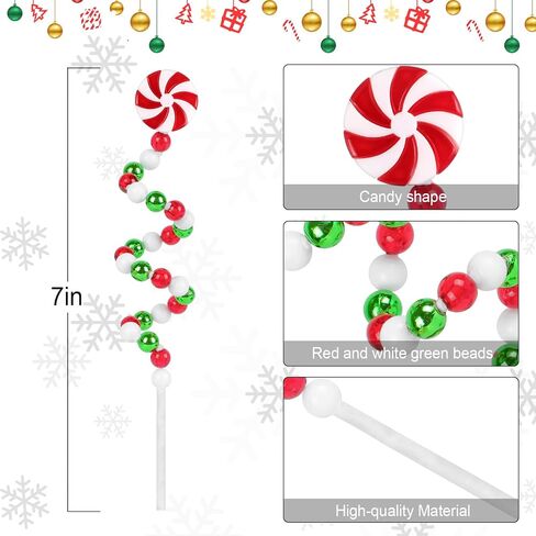 16 PCS 11.7 Inch Christmas Curly Pick Red Green White Christmas Ornament Candy Shape Christmas Tree Picks Christmas Tree Decorations for Xmas Tree Topper Xmas Party Supplies Home Vase Party Ornaments in Saudi Arabia