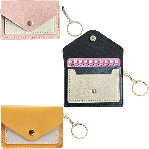 3 عبوات حامل حبوب منع الحمل لطيف مقاس 4.3 × 3 بوصة حامل حبوب صغير للمحفظة من جلد البولي يوريثان، حزمة كم حبوب منع الحمل مع حلقة مفاتيح (وردي، أسود، أصفر) in Kuwait