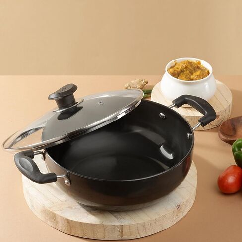 Vinod Cookware Professional Deep Kadhai – 2.1 Liters(2.2 Quarts) – 20cm–Glass Lid Included – Multi-Use Hard Anodized Wok/Pot –Suitable For Indian Cooking, Sauces, Pasta, Stews, Soups – Riveted Handles in Saudi Arabia