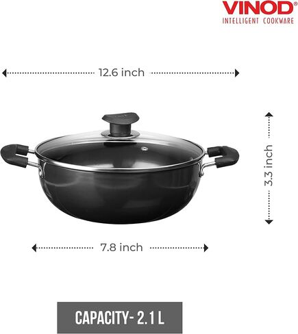 Vinod Cookware Professional Deep Kadhai – 2.1 Liters(2.2 Quarts) – 20cm–Glass Lid Included – Multi-Use Hard Anodized Wok/Pot –Suitable For Indian Cooking, Sauces, Pasta, Stews, Soups – Riveted Handles in Saudi Arabia