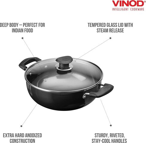 Vinod Cookware Professional Deep Kadhai – 2.1 Liters(2.2 Quarts) – 20cm–Glass Lid Included – Multi-Use Hard Anodized Wok/Pot –Suitable For Indian Cooking, Sauces, Pasta, Stews, Soups – Riveted Handles in Saudi Arabia