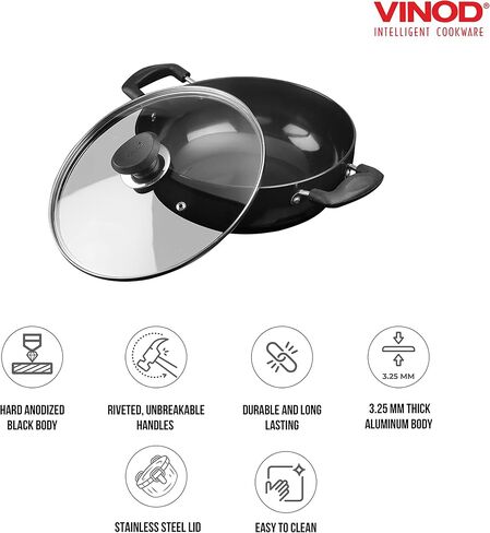 Vinod Cookware Professional Deep Kadhai – 2.1 Liters(2.2 Quarts) – 20cm–Glass Lid Included – Multi-Use Hard Anodized Wok/Pot –Suitable For Indian Cooking, Sauces, Pasta, Stews, Soups – Riveted Handles in Saudi Arabia
