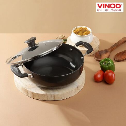 Vinod Cookware Professional Deep Kadhai – 2.1 Liters(2.2 Quarts) – 20cm–Glass Lid Included – Multi-Use Hard Anodized Wok/Pot –Suitable For Indian Cooking, Sauces, Pasta, Stews, Soups – Riveted Handles in Saudi Arabia