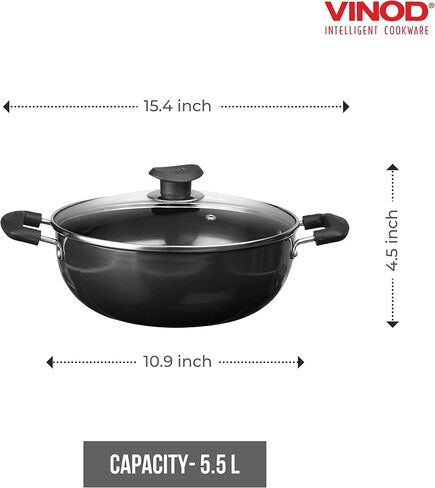 Vinod Cookware Professional Deep Kadhai – 2.1 Liters(2.2 Quarts) – 20cm–Glass Lid Included – Multi-Use Hard Anodized Wok/Pot –Suitable For Indian Cooking, Sauces, Pasta, Stews, Soups – Riveted Handles in Saudi Arabia