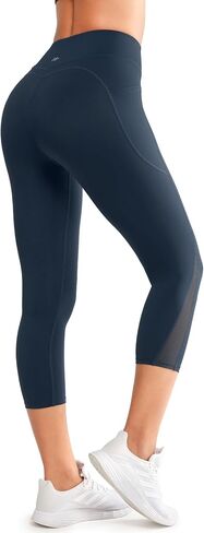 Yvette Capri Leggings with Pockets for Women High Waisted Mesh Yoga Pants Tummy Control Running Tights Workout Gym Fitness in Saudi Arabia
