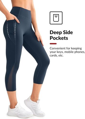 Yvette Capri Leggings with Pockets for Women High Waisted Mesh Yoga Pants Tummy Control Running Tights Workout Gym Fitness in Saudi Arabia