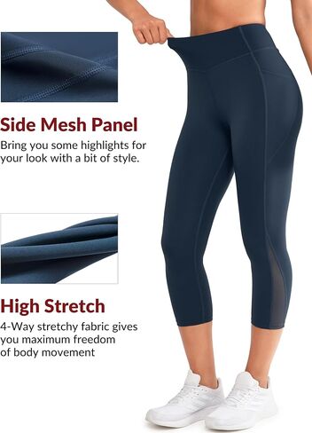 Yvette Capri Leggings with Pockets for Women High Waisted Mesh Yoga Pants Tummy Control Running Tights Workout Gym Fitness in Saudi Arabia
