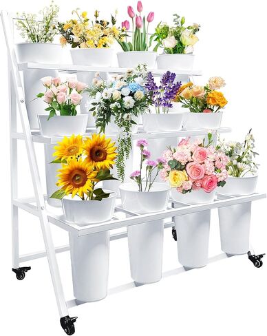 Flower Display Stand with 12 Buckets, Flower Cart 3 Layers, Flower Stand Metal with Wheels, Moving Florist Bouquet Shelf, Triangular Rack, White in Kuwait