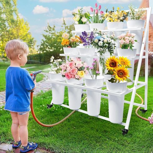 Flower Display Stand with 12 Buckets, Flower Cart 3 Layers, Flower Stand Metal with Wheels, Moving Florist Bouquet Shelf, Triangular Rack, White in Kuwait