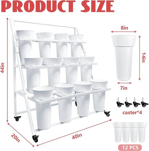 Flower Display Stand with 12 Buckets, Flower Cart 3 Layers, Flower Stand Metal with Wheels, Moving Florist Bouquet Shelf, Triangular Rack, White in Kuwait