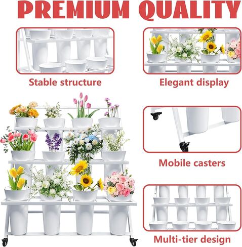 Flower Display Stand with 12 Buckets, Flower Cart 3 Layers, Flower Stand Metal with Wheels, Moving Florist Bouquet Shelf, Triangular Rack, White in Kuwait