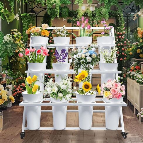 Flower Display Stand with 12 Buckets, Flower Cart 3 Layers, Flower Stand Metal with Wheels, Moving Florist Bouquet Shelf, Triangular Rack, White in Kuwait