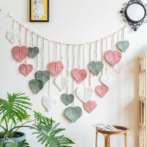 M MANUAL Macrame Wall Hanging Heart Feather Wedding Background Leaves Wall Art Hanging Photo Display Boho Handmade Woven Leaf Tapestry for Nursery, Bedroom, Living Room - 35" H x 55" W in Saudi Arabia