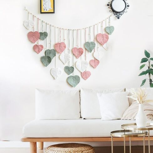 M MANUAL Macrame Wall Hanging Heart Feather Wedding Background Leaves Wall Art Hanging Photo Display Boho Handmade Woven Leaf Tapestry for Nursery, Bedroom, Living Room - 35" H x 55" W in Saudi Arabia