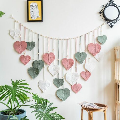 M MANUAL Macrame Wall Hanging Heart Feather Wedding Background Leaves Wall Art Hanging Photo Display Boho Handmade Woven Leaf Tapestry for Nursery, Bedroom, Living Room - 35" H x 55" W in Saudi Arabia
