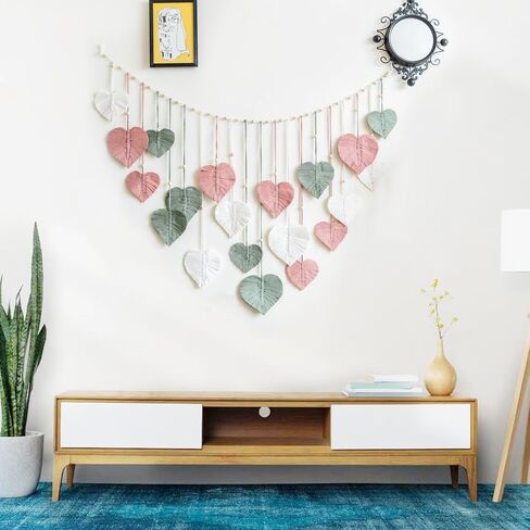 M MANUAL Macrame Wall Hanging Heart Feather Wedding Background Leaves Wall Art Hanging Photo Display Boho Handmade Woven Leaf Tapestry for Nursery, Bedroom, Living Room - 35" H x 55" W in Saudi Arabia
