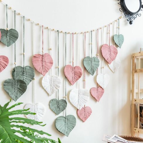 M MANUAL Macrame Wall Hanging Heart Feather Wedding Background Leaves Wall Art Hanging Photo Display Boho Handmade Woven Leaf Tapestry for Nursery, Bedroom, Living Room - 35" H x 55" W in Saudi Arabia