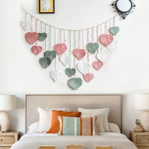 M MANUAL Macrame Wall Hanging Heart Feather Wedding Background Leaves Wall Art Hanging Photo Display Boho Handmade Woven Leaf Tapestry for Nursery, Bedroom, Living Room - 35" H x 55" W in Saudi Arabia