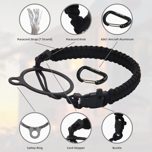 NATURE PIONEOR Paracord Handle for Wide Mouth - Safety Ring, and Carabiner - Fits 14oz to 64oz Stainless Steel Water Bottles(Black)… in Saudi Arabia
