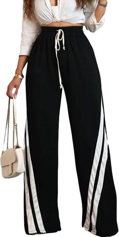Voghtic Wide Leg Sweatpants Women Striped Drawstring Hight Waisted Loose Casual Pants Lounge Baggy Jogger Track Trousers in Kuwait