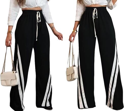 Voghtic Wide Leg Sweatpants Women Striped Drawstring Hight Waisted Loose Casual Pants Lounge Baggy Jogger Track Trousers in Kuwait
