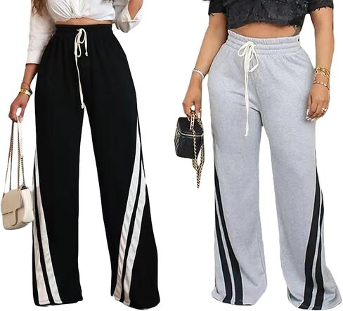 Voghtic Wide Leg Sweatpants Women Striped Drawstring Hight Waisted Loose Casual Pants Lounge Baggy Jogger Track Trousers in Kuwait