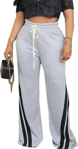 Voghtic Wide Leg Sweatpants Women Striped Drawstring Hight Waisted Loose Casual Pants Lounge Baggy Jogger Track Trousers in Kuwait