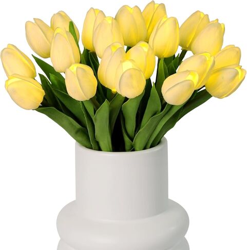 Pre-Lit 20pcs LED Lighted Fake Flowers Artificial Tulips Real Touch Tulip Bouquet 15" Faux Tulips for Easter Decor Spring Decor Mother's Day Home Kitchen Wedding Decorations(Cream) in Saudi Arabia