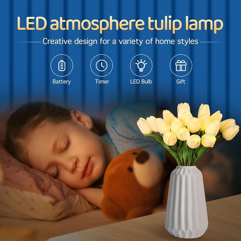 Pre-Lit 20pcs LED Lighted Fake Flowers Artificial Tulips Real Touch Tulip Bouquet 15" Faux Tulips for Easter Decor Spring Decor Mother's Day Home Kitchen Wedding Decorations(Cream) in Saudi Arabia