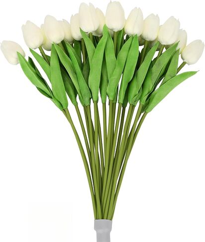 Pre-Lit 20pcs LED Lighted Fake Flowers Artificial Tulips Real Touch Tulip Bouquet 15" Faux Tulips for Easter Decor Spring Decor Mother's Day Home Kitchen Wedding Decorations(Cream) in Saudi Arabia