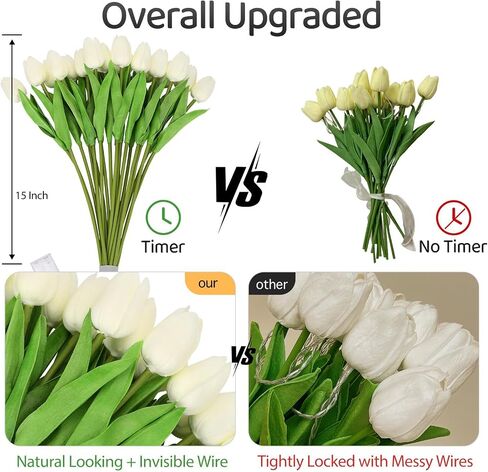 Pre-Lit 20pcs LED Lighted Fake Flowers Artificial Tulips Real Touch Tulip Bouquet 15" Faux Tulips for Easter Decor Spring Decor Mother's Day Home Kitchen Wedding Decorations(Cream) in Saudi Arabia