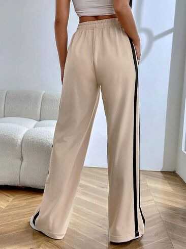 MakeMeChic Women's Striped Colorblock Elastic High Waisted Loose Baggy Wide Straight Leg Sweatpants in Saudi Arabia
