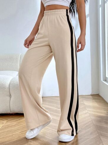 MakeMeChic Women's Striped Colorblock Elastic High Waisted Loose Baggy Wide Straight Leg Sweatpants in Saudi Arabia