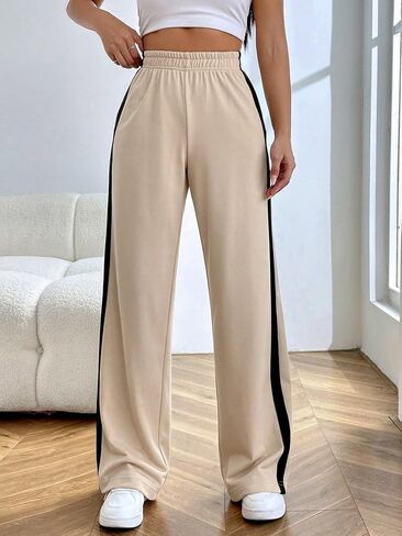 MakeMeChic Women's Striped Colorblock Elastic High Waisted Loose Baggy Wide Straight Leg Sweatpants in Saudi Arabia