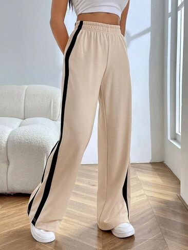 MakeMeChic Women's Striped Colorblock Elastic High Waisted Loose Baggy Wide Straight Leg Sweatpants in Saudi Arabia