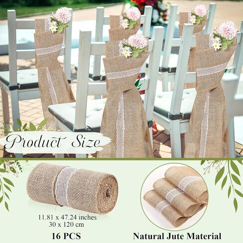 16 Pcs Wedding Burlap Lace Chair Sashes 6 x 108 Inch Jute Chair Cover Bows Rustic Chair Bows for DIY Bridal Shower Decoration Birthday Party Engagement Home Decor in Saudi Arabia