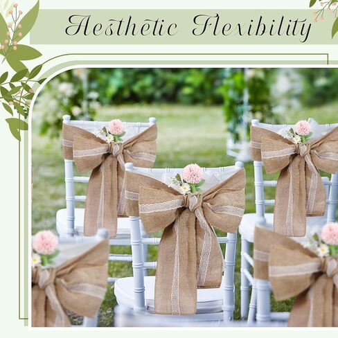 16 Pcs Wedding Burlap Lace Chair Sashes 6 x 108 Inch Jute Chair Cover Bows Rustic Chair Bows for DIY Bridal Shower Decoration Birthday Party Engagement Home Decor in Saudi Arabia