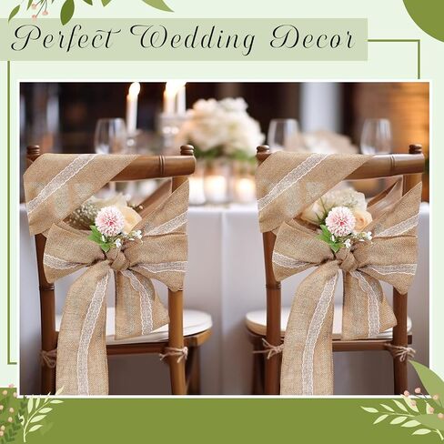 16 Pcs Wedding Burlap Lace Chair Sashes 6 x 108 Inch Jute Chair Cover Bows Rustic Chair Bows for DIY Bridal Shower Decoration Birthday Party Engagement Home Decor in Saudi Arabia
