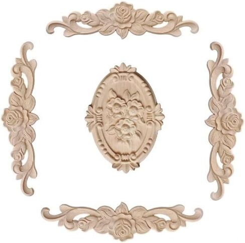 5Pcs Wood Appliques Furniture Decor Set, Decorative Long Carved Onlays Decals, Wooden Carving Rose Wood-carving Pieces for Bed Door Cabinet Fireplace Cupboard Mirror Dresser Craft DIY Project, Set B in Saudi Arabia
