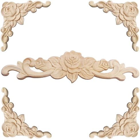 5Pcs Wood Appliques Furniture Decor Set, Decorative Long Carved Onlays Decals, Wooden Carving Rose Wood-carving Pieces for Bed Door Cabinet Fireplace Cupboard Mirror Dresser Craft DIY Project, Set B in Saudi Arabia
