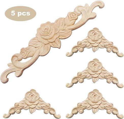 5Pcs Wood Appliques Furniture Decor Set, Decorative Long Carved Onlays Decals, Wooden Carving Rose Wood-carving Pieces for Bed Door Cabinet Fireplace Cupboard Mirror Dresser Craft DIY Project, Set B in Saudi Arabia