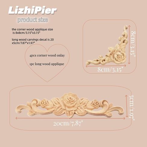 5Pcs Wood Appliques Furniture Decor Set, Decorative Long Carved Onlays Decals, Wooden Carving Rose Wood-carving Pieces for Bed Door Cabinet Fireplace Cupboard Mirror Dresser Craft DIY Project, Set B in Saudi Arabia