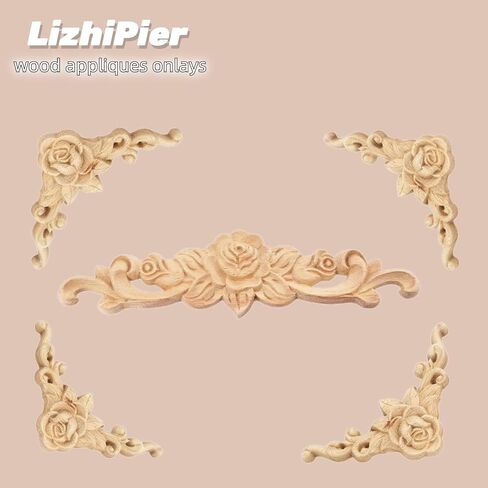 5Pcs Wood Appliques Furniture Decor Set, Decorative Long Carved Onlays Decals, Wooden Carving Rose Wood-carving Pieces for Bed Door Cabinet Fireplace Cupboard Mirror Dresser Craft DIY Project, Set B in Saudi Arabia