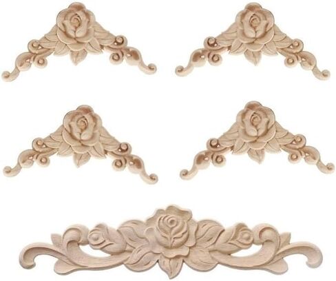 5Pcs Wood Appliques Furniture Decor Set, Decorative Long Carved Onlays Decals, Wooden Carving Rose Wood-carving Pieces for Bed Door Cabinet Fireplace Cupboard Mirror Dresser Craft DIY Project, Set B in Saudi Arabia