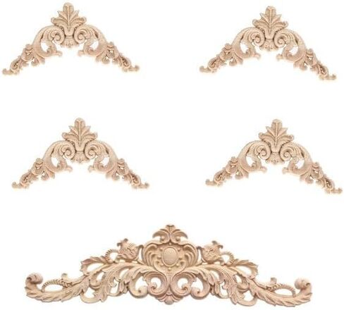 5Pcs Wood Appliques Furniture Decor Set, Decorative Long Carved Onlays Decals, Wooden Carving Rose Wood-carving Pieces for Bed Door Cabinet Fireplace Cupboard Mirror Dresser Craft DIY Project, Set B in Saudi Arabia